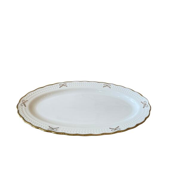 BELLA LUX Gold Bow Coquette Oval Serving Platter 14x8 White Ceramic NEW - Picture 9 of 10